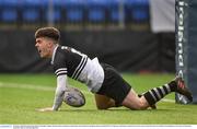 31 January 2018; Karmon Fitzgerald of Newbridge College celebrates after scoring his second and his side's fourth try during the Bank of Ireland Leinster Schools Senior Cup Round 1 match between Newbridge College and Presentation College Bray at Donnybrook Stadium in Dublin. Photo by Seb Daly/Sportsfile