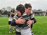 31 January 2018; Luke Rigney, right, and Robert Scully of Newbridge College celebrate following their side's victory during the Bank of Ireland Leinster Schools Senior Cup Round 1 match between Newbridge College and Presentation College Bray at Donnybrook Stadium in Dublin. Photo by Seb Daly/Sportsfile