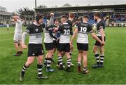 31 January 2018; Robert Scully, left, of Newbridge College celebrates with teammates following his side's victory during the Bank of Ireland Leinster Schools Senior Cup Round 1 match between Newbridge College and Presentation College Bray at Donnybrook Stadium in Dublin. Photo by Seb Daly/Sportsfile