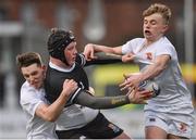 31 January 2018; Larry Kelly of Newbridge College is tackled by Jack Gallagher, left, and Ben Murphy of Presentation College Bray during the Bank of Ireland Leinster Schools Senior Cup Round 1 match between Newbridge College and Presentation College Bray at Donnybrook Stadium in Dublin. Photo by Seb Daly/Sportsfile