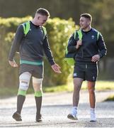 1 February 2018; Jordan Larmour, right, and Dan Leavy arrive to Ireland rugby squad training at Carton House in Maynooth, Co Kildare. Photo by David Fitzgerald/Sportsfile