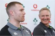1 February 2018; Keith Earls with head coach Joe Schmidt during an Ireland rugby squad press conference at Carton House in Maynooth, Co Kildare. Photo by Matt Browne/Sportsfile