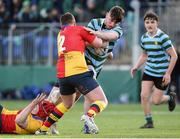 1 February 2018; Ethan Baxter of St Gerard's College is tackled by Sam Donohue and Killian Hickey of St Fintan's High School during the Bank of Ireland Leinster Schools Senior Cup Round 1 match between St Fintan's High School and St Gerard's College at Donnybrook Stadium in Dublin. Photo by Matt Browne/Sportsfile