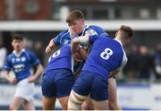 2 February 2018; Seán O'Reilly of St Mary's College is tackled by Matthew Jordan, left, and Stephen Keane of St Andrew's College during the Bank of Ireland Leinster Schools Senior Cup Round 1 match between St Mary's College and St Andrew's College at Donnybrook Stadium in Dublin. Photo by Daire Brennan/Sportsfile