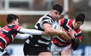 2 February 2018; Michael Milne of Cistercian College Roscrea is tackled by Jamie Vard and  James McElroy of Wesley College during the Bank of Ireland Leinster Schools Senior Cup Round 1 match between Wesley College and Cistercian College Roscrea at Clontarf RFC in Castle Avenue, Dublin. Photo by Matt Browne/Sportsfile