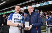 3 February 2018; Denis O’Callaghan, Head of Retail Banking, presents Fintan O'Connor of Knocknagree with the Man of the Match award for his outstanding performance in the AIB GAA Football All-Ireland Junior Club Championship Final match between Multyfarnaham and Knocknagree at Croke Park in Dublin on Saturday, February 3rd. For exclusive content and behind the scenes action follow AIB GAA on Facebook, Twitter, Instagram, Snapchat and on www.aib.ie/gaa. Croke Park in Dublin. Photo by Piaras Ó Mídheach/Sportsfile