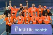 3 February 2018; The Clonliffe Harriers team, Co. Dublin, celebrate with the shield after winning the men's competition at the Irish Life Health National Indoor League Finals at the National Indoor Arena in Abbotstown, Dublin. Photo by Sam Barnes/Sportsfile