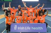 3 February 2018; The Clonliffe Harriers team, Co. Dublin, celebrate with the shield after winning the men's competition at the Irish Life Health National Indoor League Finals at the National Indoor Arena in Abbotstown, Dublin. Photo by Sam Barnes/Sportsfile