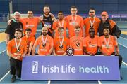 3 February 2018; The Clonliffe Harriers team, Co. Dublin, with the shield after winning the men's competition at the Irish Life Health National Indoor League Finals at the National Indoor Arena in Abbotstown, Dublin. Photo by Sam Barnes/Sportsfile
