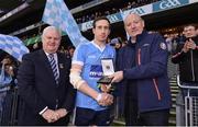 3 February 2018; Denis O’Callaghan, Head of Retail Banking, alongside Uachtarán Chumann Lúthchleas Gael Aogán Ó Fearghail, presents Colm Cavanagh of Moy Tír na nÓg with the Man of the Match award for his outstanding performance in the AIB GAA Football All-Ireland Intermediate Club Championship Final match between Moy and Michael Glaveys at Croke Park in Dublin on Saturday, February 3rd. For exclusive content and behind the scenes action follow AIB GAA on Facebook, Twitter, Instagram, Snapchat and on www.aib.ie/gaa. Croke Park, Dublin. Photo by Piaras Ó Mídheach/Sportsfile