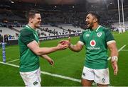 3 February 2018; Jonathan Sexton, left, and Bundee Aki of Ireland celebrate following the NatWest Six Nations Rugby Championship match between France and Ireland at the Stade de France in Paris, France. Photo by Ramsey Cardy/Sportsfile