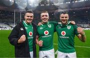 3 February 2018; Ireland's Jacob Stockdale, left, Dan Leavy, centre, and Robbie Henshaw celebrate following the NatWest Six Nations Rugby Championship match between France and Ireland at the Stade de France in Paris, France. Photo by Ramsey Cardy/Sportsfile