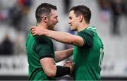 3 February 2018; Jonathan Sexton, right, of Ireland celebrates with team-mate Peter O'Mahony after the NatWest Six Nations Rugby Championship match between France and Ireland at the Stade de France in Paris, France. Photo by Brendan Moran/Sportsfile