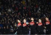 3 February 2018; Mayo players, from left, Ger Cafferkey, Shane Nally, Aidan O’Shea, Paddy Durcan and Barry Moran during the national anthem prior to the Allianz Football League Division 1 Round 2 match between Mayo and Kerry at Elverys MacHale Park in Castlebar, Co Mayo. Photo by Seb Daly/Sportsfile