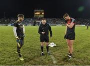 3 February 2018; Referee Derek O’Mahoney with Kerry captain Shane Murphy and Mayo captain Aidan O’Shea during the coin toss prior to the Allianz Football League Division 1 Round 2 match between Mayo and Kerry at Elverys MacHale Park in Castlebar, Co Mayo. Photo by Seb Daly/Sportsfile