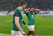 3 February 2018; Bundee Aki, right, of Ireland reacts with team-mate Jonathan Sexton after the NatWest Six Nations Rugby Championship match between France and Ireland at the Stade de France in Paris, France. Photo by Brendan Moran/Sportsfile