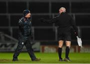 3 February 2018; Galway manager Mícheál Donoghue complains to linesman Mick Murtagh after Greg Lally of Galway was sent off during the Allianz Hurling League Division 1B Round 2 match between Laois and Galway at O'Moore Park in Portlaoise, County Laois. Photo by Daire Brennan/Sportsfile