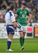 3 February 2018; Jonathan Sexton of Ireland with referee Nigel Owens during the NatWest Six Nations Rugby Championship match between France and Ireland at the Stade de France in Paris, France. Photo by Brendan Moran/Sportsfile