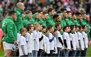 3 February 2018; The Ireland team line up for the national anthem prior to the NatWest Six Nations Rugby Championship match between France and Ireland at the Stade de France in Paris, France. Photo by Brendan Moran/Sportsfile