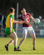 4 February 2018; Tom Flynn of Galway in action against Hugh McFadden of Donegal  during the Allianz Football League Division 1 Round 2 match between Donegal and Galway at O'Donnell Park, in Letterkenny, Donegal. Photo by Oliver McVeigh/Sportsfile
