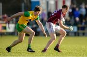 4 February 2018; Tom Flynn of Galway in action against Hugh McFadden of Donegal  during the Allianz Football League Division 1 Round 2 match between Donegal and Galway at O'Donnell Park, in Letterkenny, Donegal. Photo by Oliver McVeigh/Sportsfile