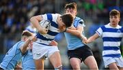 4 February 2018; Ben Brownlee of Blackrock College in action against Hugo McWade, left, and Conor Gannon of St Michael's College during the Bank of Ireland Leinster Schools Junior Cup Round 1 match between St Michael’s College and Blackrock College at Donnybrook Stadium, in Dublin. Photo by Brendan Moran/Sportsfile