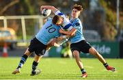 4 February 2018; Tom Henderson of Blackrock College is tackled by Hugo McWade, left, and Callum O'Reilly of St Michael's College during the Bank of Ireland Leinster Schools Junior Cup Round 1 match between St Michael’s College and Blackrock College at Donnybrook Stadium, in Dublin. Photo by Brendan Moran/Sportsfile