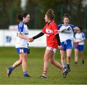 4 February 2018; Eva Woods of Monaghan and Aoife Nic a Bháird of Cork exchange a handshake after the Lidl Ladies Football National League Division 1 Round 2 match between Cork and Monaghan at Mallow GAA Complex in Mallow, Co. Cork. Photo by Diarmuid Greene/Sportsfile