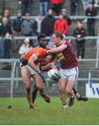 4 February 2018; Ethan Rafferty of Armagh in action against Boidu Sayeh and Frank Boyle of Westmeath during the Allianz Football League Division 3 Round 2 match between Westmeath and Armagh at TEG Cusack Park, in Mullingar, Westmeath.  Photo by Tomás Greally/Sportsfile