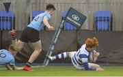 4 February 2018; Jude O'Reilly of Blackrock College scores his side's first try against St Michael's College during the Bank of Ireland Leinster Schools Junior Cup Round 1 match between St Michael’s College and Blackrock College at Donnybrook Stadium, in Dublin. Photo by Brendan Moran/Sportsfile