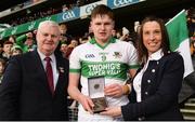 4 February 2018; Ann-Marie Freyne, AIB Local Market Leader, alongside Uachtarán Chumann Lúthchleas Gael Aogán Ó Fearghail, presents Ryan Walsh of Kanturk of with the Man of the Match award for his outstanding performance in the AIB GAA Hurling All-Ireland Intermediate Club Championship Final match between Ballyragget and Kanturk at Croke Park in Dublin on Sunday, February 4th. For exclusive content and behind the scenes action follow AIB GAA on Facebook, Twitter, Instagram, Snapchat and on www.aib.ie/gaa. Croke Park in Dublin. Photo by Piaras Ó Mídheach/Sportsfile