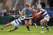 4 February 2018; Hugo McWade of St Michael's College is tackled by Dylan Stafford, left, and James Culhane of Blackrock College during the Bank of Ireland Leinster Schools Junior Cup Round 1 match between St Michael’s College and Blackrock College at Donnybrook Stadium, in Dublin. Photo by Brendan Moran/Sportsfile
