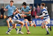 4 February 2018; Stephen Woods of St Michael's College is tackled by David Walsh and Alex Simpson of Blackrock College during the Bank of Ireland Leinster Schools Junior Cup Round 1 match between St Michael’s College and Blackrock College at Donnybrook Stadium, in Dublin. Photo by Brendan Moran/Sportsfile