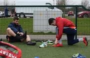 5 February 2018; Jaco Taute and Alex Wootton tie their boot laces prior to Munster Rugby squad training at the University of Limerick in Limerick. Photo by Diarmuid Greene/Sportsfile