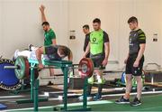 6 February 2018; Jack O'Donoghue, right, and Peter O'Mahony watch Sean Cronin lift weights during an Ireland rugby gym session at Carton House in Maynooth, Co Kildare. Photo by Brendan Moran/Sportsfile