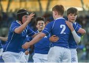 6 February 2018; Andrew Gibbons, left, and Daragh Gilbourne, right, celebrate with team-mate Matthew Black after his scored his side's third try during the Bank of Ireland Leinster Schools Junior Cup Round 1 match between Newbridge College and St Mary's College at Donnybrook Stadium in Dublin. Photo by Daire Brennan/Sportsfile