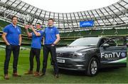 7 February 2018; Volkswagen, official sponsor of Irish Rugby and Rugby Players Ireland, launched their ‘Road To Rugby’ campaign at the Aviva Stadium today. A new Volkswagen Fan TV mobile unit will be at all the home games at the Aviva Stadium giving Irish fans the chance to showcase their support. Check out Volkswagen.ie/rugby for all the exclusive Fan TV videos. In attendance at the launch are former Ireland internationals Mike McCarthy, left, and Malcom O'Kelly, right,  with Volkswagen Fan TV Presenter Marty Guilfoyle at the Aviva Stadium in Dublin. Photo by Sam Barnes/Sportsfile