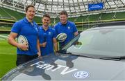 7 February 2018; Volkswagen, official sponsor of Irish Rugby and Rugby Players Ireland, launched their ‘Road To Rugby’ campaign at the Aviva Stadium today. A new Volkswagen Fan TV mobile unit will be at all the home games at the Aviva Stadium giving Irish fans the chance to showcase their support. Check out Volkswagen.ie/rugby for all the exclusive Fan TV videos. In attendance at the launch are former Ireland Internationals Mike McCarthy, left, Malcom O'Kelly, right, and Volkswagen Fan TV Presenter Marty Guilfoyle at the Aviva Stadium in Dublin. Photo by Sam Barnes/Sportsfile