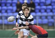 7 February 2018; Finn McCarrick of Belvedere College in action against Jay Walsh of CUS during the Bank of Ireland Leinster Schools Junior Cup Round 1 match between CUS and Belvedere College at Donnybrook Stadium in Dublin.  Photo by Eóin Noonan/Sportsfile