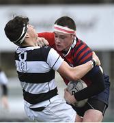 7 February 2018; Martin Healy of CUS in action against Jonathan Ross of Belvedere College during the Bank of Ireland Leinster Schools Junior Cup Round 1 match between CUS and Belvedere College at Donnybrook Stadium in Dublin.  Photo by Eóin Noonan/Sportsfile