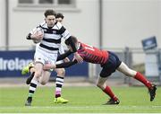 7 February 2018; Dylan O'Grady of Belvedere College in action against Matthew Tonge of CUS during the Bank of Ireland Leinster Schools Junior Cup Round 1 match between CUS and Belvedere College at Donnybrook Stadium in Dublin.  Photo by Eóin Noonan/Sportsfile