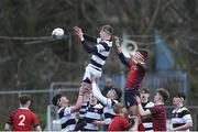 7 February 2018; Cillian Doran of Belvedere College in action against Mark Fleming of CUS during the Bank of Ireland Leinster Schools Junior Cup Round 1 match between CUS and Belvedere College at Donnybrook Stadium in Dublin.  Photo by Eóin Noonan/Sportsfile