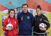 7 February 2018; IT Carlow has been successfully running two sports courses, in conjunction with the Football Association of Ireland, with students qualifying with BA in Sports Management and Coaching or BA in Sports Coaching and Business Management. Graduates from the course are now working in various roles within the sports industry around the world, including prominent positions at clubs like Manchester United, Manchester City, Reading and Leeds United as well as the SSE Airtricity League and Continental Tyres Women's National League. Pictured at the IT Carlow Sports Courses launch are, from left, Roma McLaughlin, Shelbourne Ladies and Ireland WNT, Luke Hardy, IT Carlow Programme Leader, and Rianna Jarrett, Wexford Youths Women FC and Ireland WNT, at FAI Headquarters in Abbotstown, Dublin. Photo by Piaras Ó Mídheach/Sportsfile