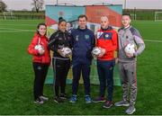 7 February 2018; IT Carlow has been successfully running two sports courses, in conjunction with the Football Association of Ireland, with students qualifying with BA in Sports Management and Coaching or BA in Sports Coaching and Business Management. Graduates from the course are now working in various roles within the sports industry around the world, including prominent positions at clubs like Manchester United, Manchester City, Reading and Leeds United as well as the SSE Airtricity League and Continental Tyres Women's National League. Pictured at the IT Carlow Sports Courses launch are, from left, Roma McLaughlin, Shelbourne Ladies and Ireland WNT, Rianna Jarrett, Wexford Youths Women FC and Ireland WNT, Luke Hardy, IT Carlow Programme Leader, Micheál Schlingermann, Sligo Rovers, and Damian Locke, Wexford FC manager, at FAI Headquarters in Abbotstown, Dublin. Photo by Piaras Ó Mídheach/Sportsfile