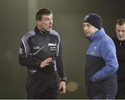 8 February 2018; University College Dublin manager JJ Doyle is spoken to by referee Paud O'Dwyer during the Electric Ireland HE GAA Fitzgibbon Cup Quarter-Final match between University College Dublin and Dublin Institute of Technology at UCD in Dublin. Photo by Seb Daly/Sportsfile