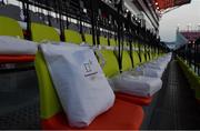 9 February 2018; Survival packs in seats ahead of the opening ceremony of the Winter Olympics at the PyeongChang Olympic Stadium in Pyeongchang-gun, South Korea. Photo by Ramsey Cardy/Sportsfile