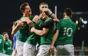 9 February 2018; Ireland players, from left, Jack Dunne, James McCarthy, Cormac Daly, Peter Sullivan and Harry Byrne, celebrate their first try scored by James McCarthy, during the U20 Six Nations Rugby Championship match between Ireland and Italy at Donnybrook Stadium, in Dublin. Photo by Piaras Ó Mídheach/Sportsfile