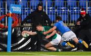 9 February 2018; Peter Sullivan of Ireland scores his side's fifth try despite the efforts of Antonio Rizzi of Italy during the U20 Six Nations Rugby Championship match between Ireland and Italy at Donnybrook Stadium, in Dublin. Photo by Piaras Ó Mídheach/Sportsfile