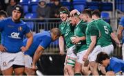 9 February 2018; Jack Aungier of Ireland, centre, celebrates scoring his side's sixth try with team-mates during the U20 Six Nations Rugby Championship match between Ireland and Italy at Donnybrook Stadium, in Dublin. Photo by Piaras Ó Mídheach/Sportsfile