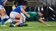 9 February 2018; Jack Aungier of Ireland scores his side's sixth try despite the efforts of Michele Mancini Parri of Italy during the U20 Six Nations Rugby Championship match between Ireland and Italy at Donnybrook Stadium, in Dublin. Photo by Piaras Ó Mídheach/Sportsfile